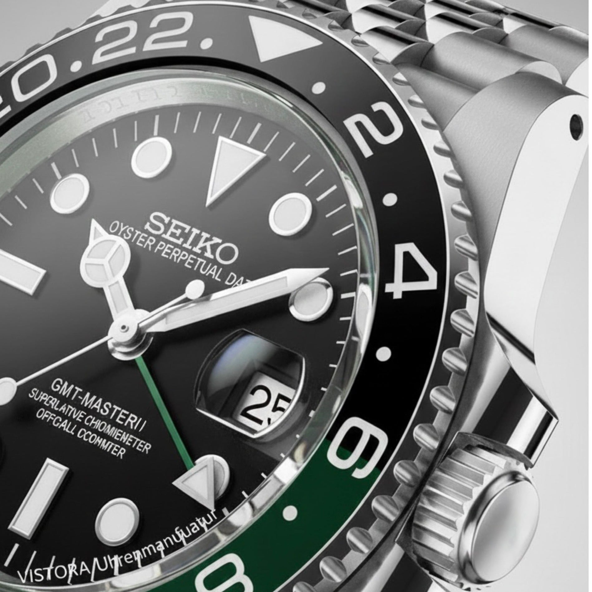 Detailaufnahme der SeikoMod GMT-II Sprite von Vistora: schwarzes Zifferblatt mit Indizes, grün-schwarze GMT-Lünette, verschraubte Krone und Jubilee-Gliederband – hochwertige Seiko Mod Uhrenmanufaktur.