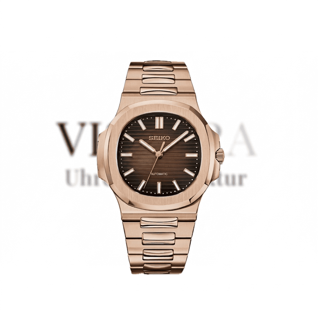 SeikoMod Nautilus Rosé Gold mit braunem Zifferblatt und integriertem Armband. Luxuriöse Automatik Uhr mit Seiko NH35 Werk, Saphirglas und edlem Nautilus Design.