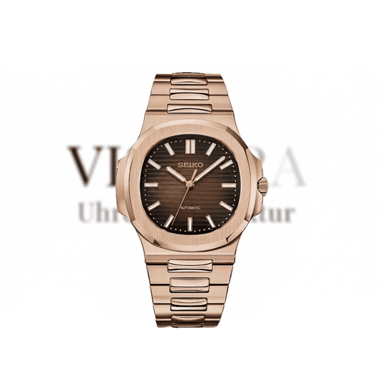 SeikoMod Nautilus Rosé Gold mit braunem Zifferblatt und integriertem Armband. Luxuriöse Automatik Uhr mit Seiko NH35 Werk, Saphirglas und edlem Nautilus Design.
