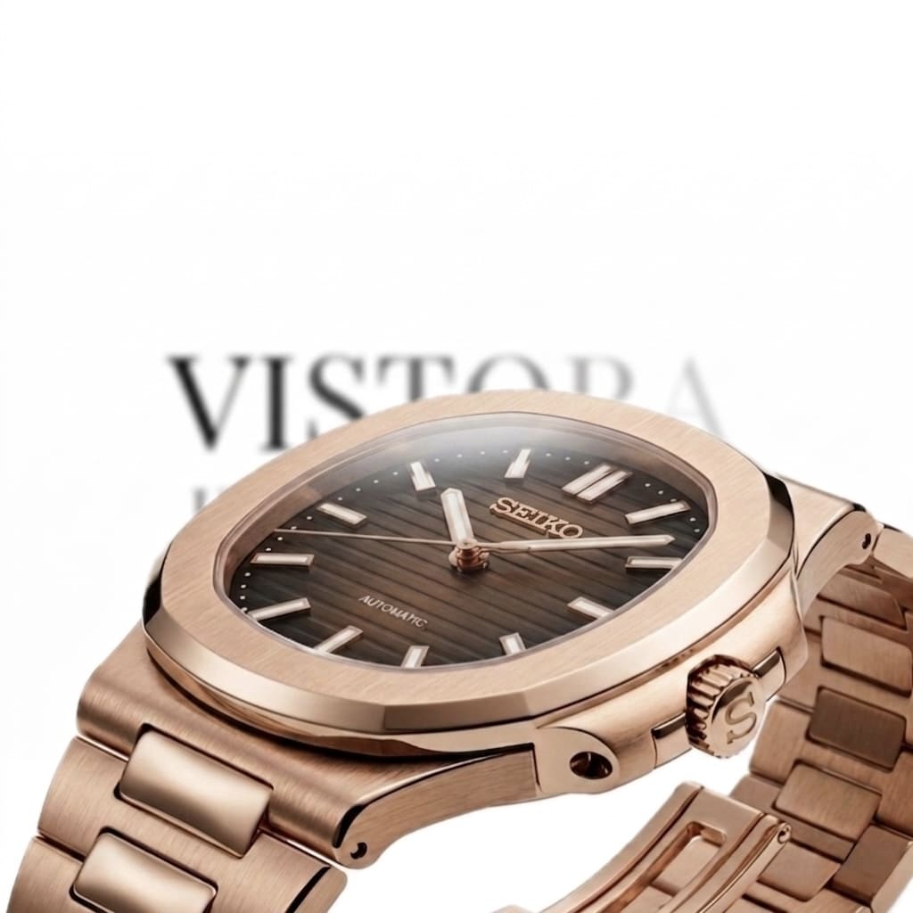 Detailaufnahme der SeikoMod Nautilus Rosé Gold mit gebürstetem Edelstahlgehäuse, braunem Sunburst-Zifferblatt und hochwertiger Verarbeitung im luxuriösen Nautilus Stil.