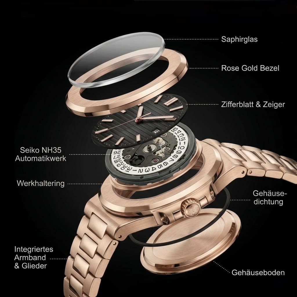 Rückansicht der SeikoMod Nautilus Rosé Gold mit hochwertigem integriertem Edelstahlarmband und luxuriöser Verarbeitung im ikonischen Nautilus Stil.