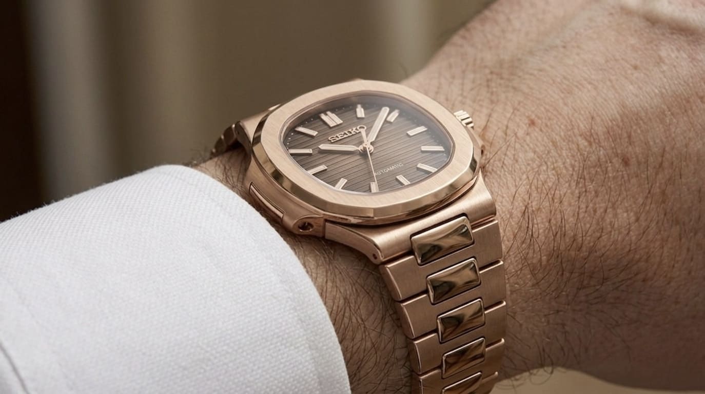 SeikoMod Nautilus Rosé Gold am Handgelenk getragen. Elegante Luxus-Automatikuhr mit integriertem Armband und modernem Nautilus Design für stilbewusste Herren.