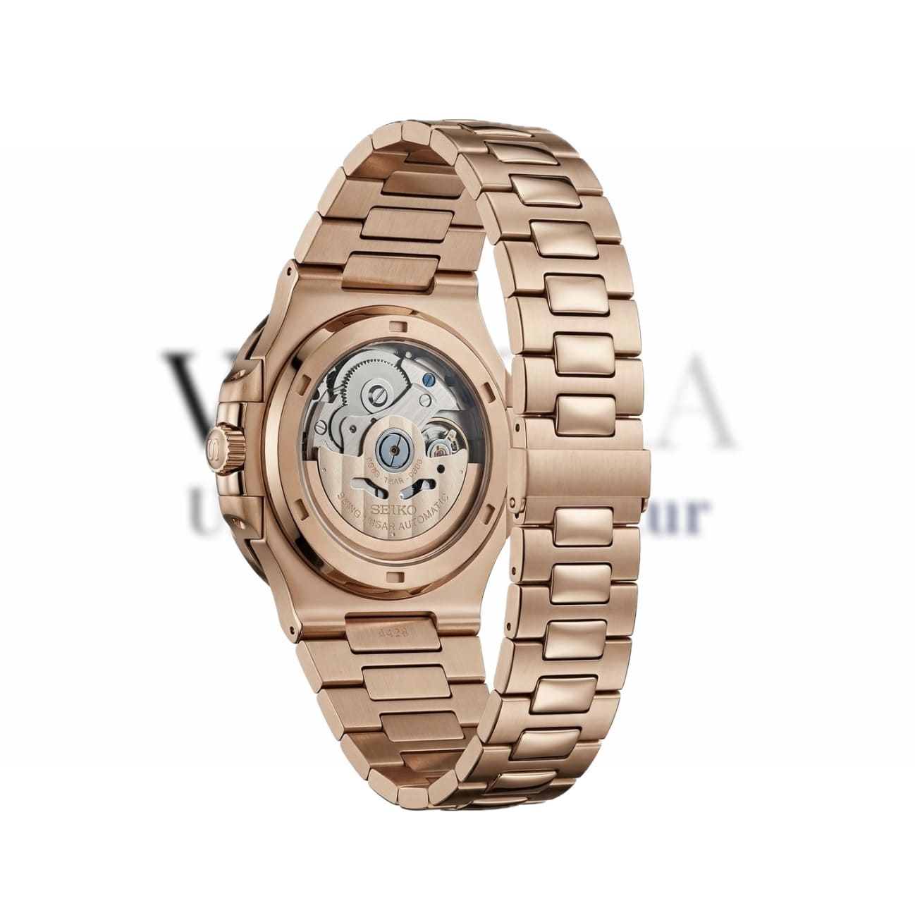 Rückansicht der SeikoMod Nautilus Rosé Gold mit hochwertigem integriertem Edelstahlarmband und luxuriöser Verarbeitung im ikonischen Nautilus Stil.