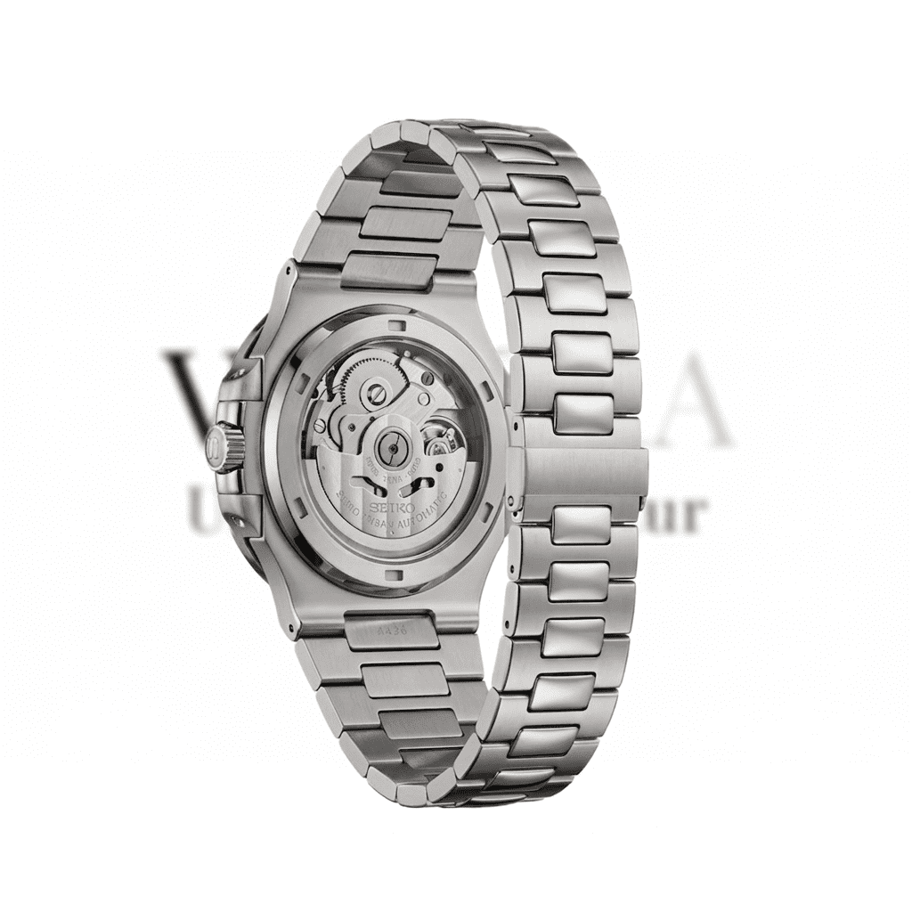 Rückansicht der SeikoMod Nautilus Silber mit hochwertigem integriertem Edelstahlarmband und luxuriöser Verarbeitung im ikonischen Nautilus Stil.