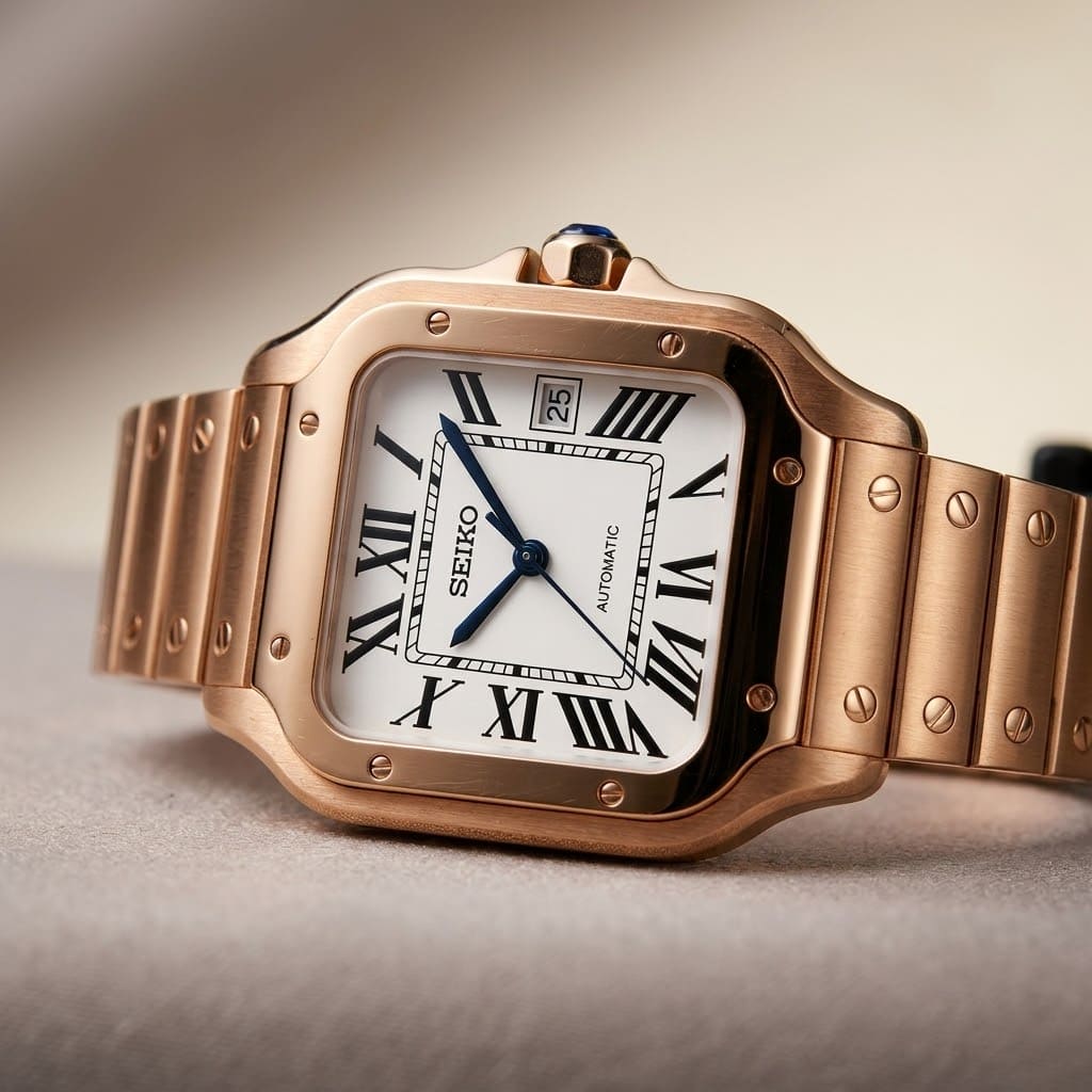 SeikoMod Santos Rosé im Dreiviertel-Winkel, Roségold-Armband im warmen Licht