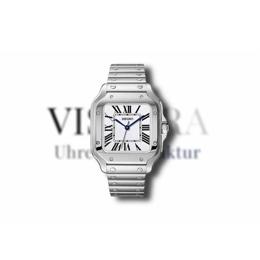 Square/tonneau case with exposed bezel screws, white dial with black Roman numerals, blue sword hands, steel bracelet — classic Santos-style aesthetic on the standard bracelet.