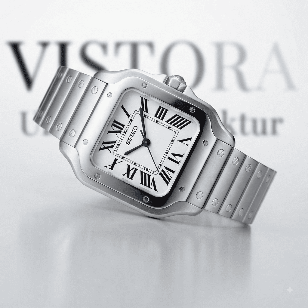SeikoMod Santos in Weiß in Frontalansicht mit römischen Indizes und Edelstahl-Gliederarmband