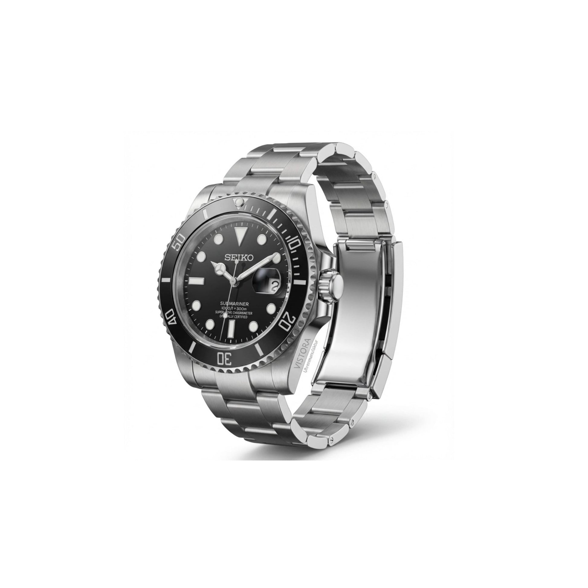 SeikoMod Submariner in Schwarz mit Edelstahlarmband von Vistora Uhrenmanufaktur – hochwertige Seiko Mod Automatikuhr im Submariner Design