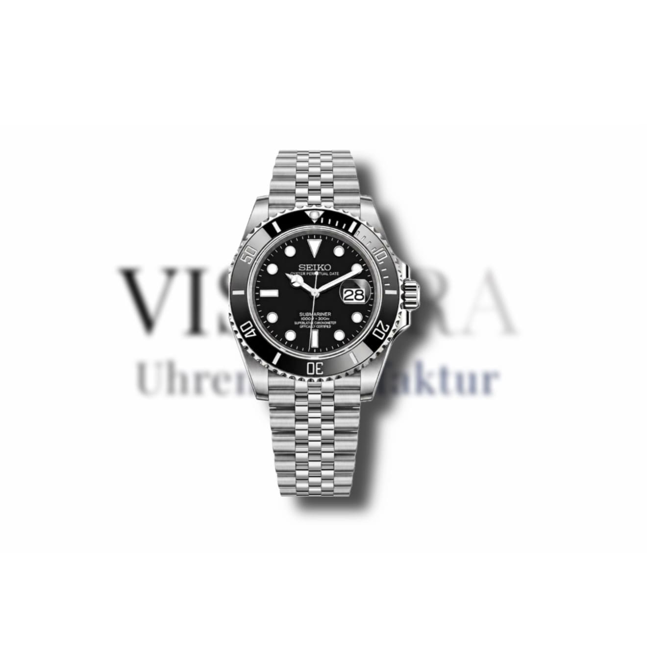 SeikoMod Submariner Schwarz mit Jubilee-Armband, schwarzer Lünette, Frontalansicht