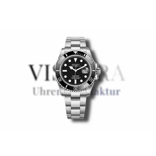 SeikoMod Submariner Schwarz mit poliertem Oyster-Armband, Frontalansicht