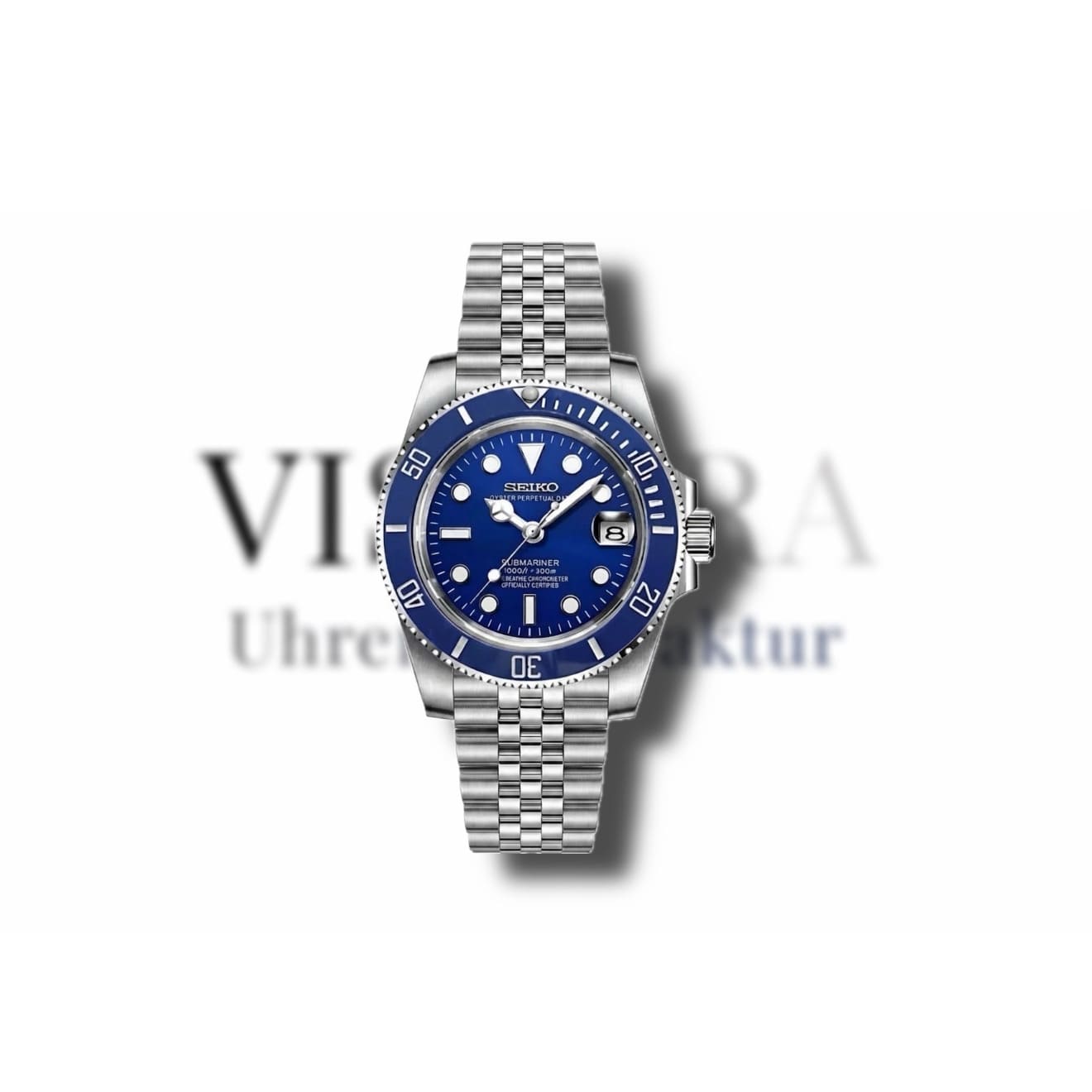 SeikoMod Submariner Smurf mit Jubilee-Armband, blaues Zifferblatt, Frontalansicht