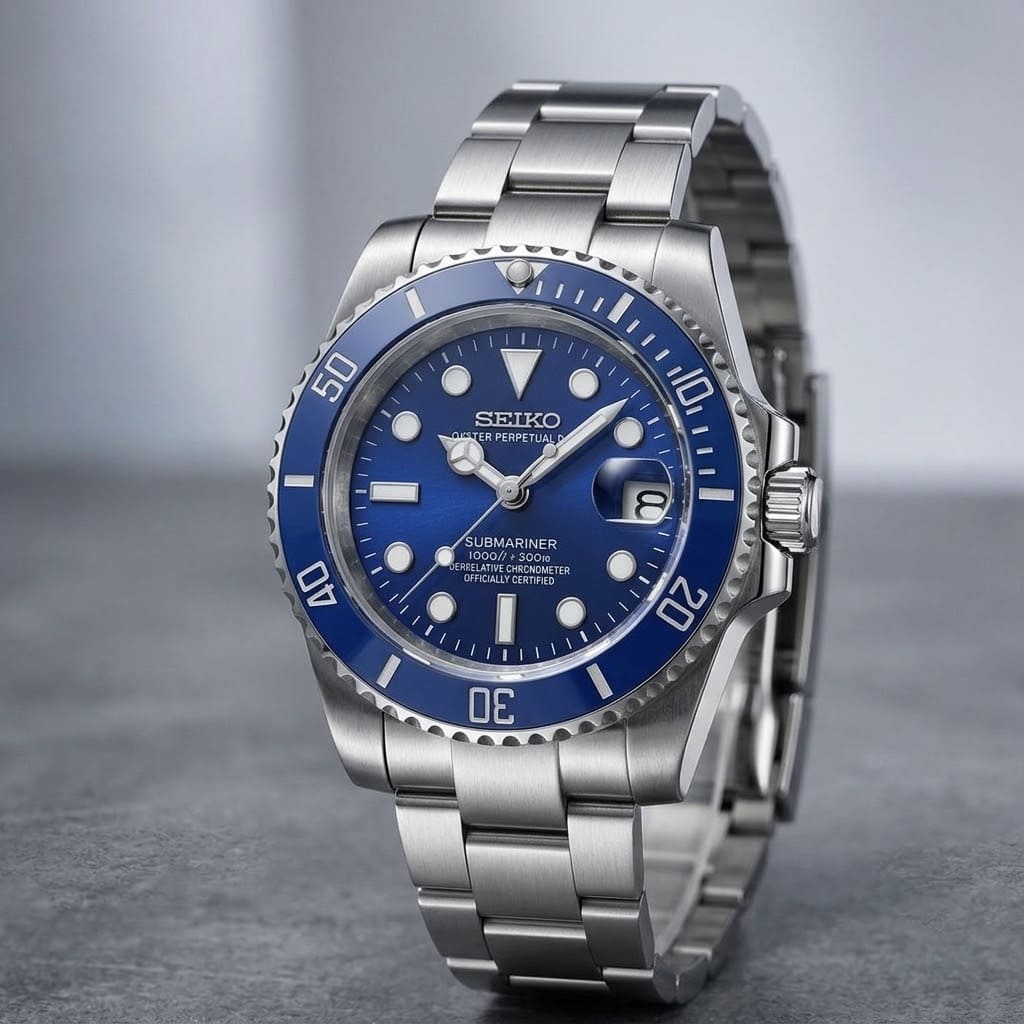SeikoMod Submariner Smurf im Dreiviertel-Winkel, gebürstetes Oyster-Armband
