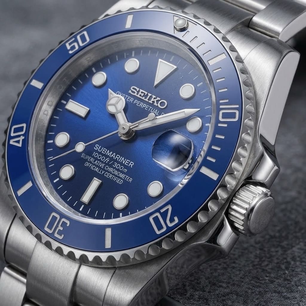 Makroaufnahme des blauen Zifferblatts und der blauen Lünette der SeikoMod Submariner Smurf