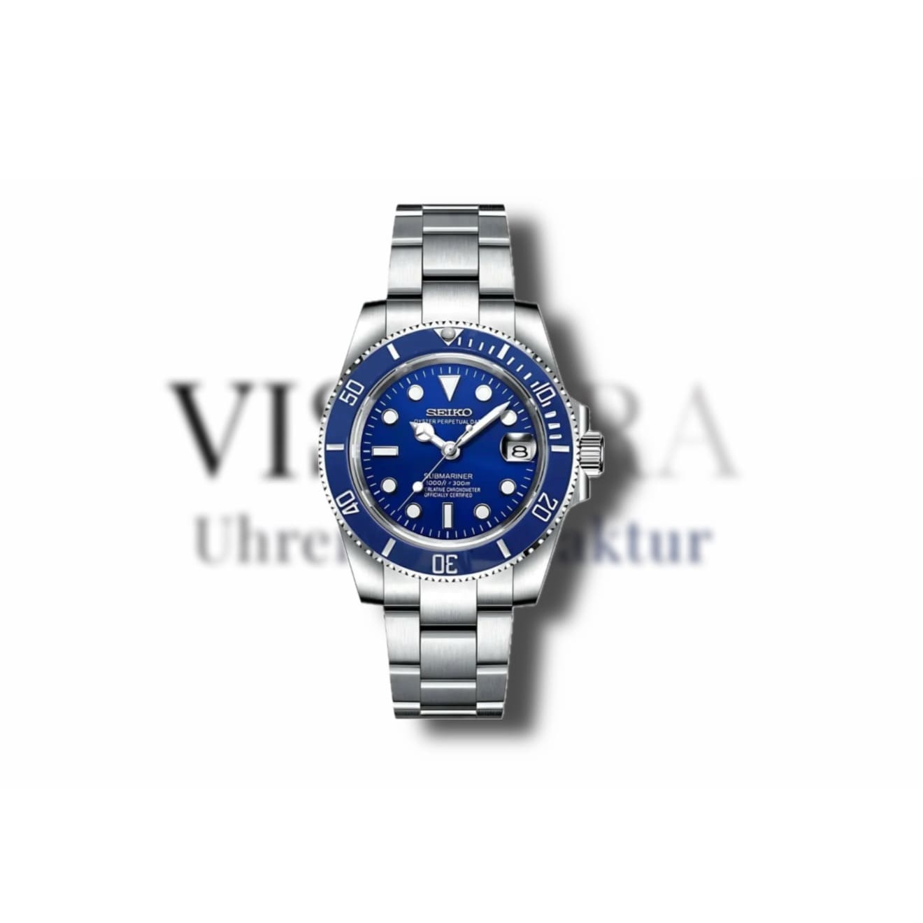 SeikoMod Submariner Smurf mit poliertem Oyster-Armband, blauer Lünette, Frontalansicht