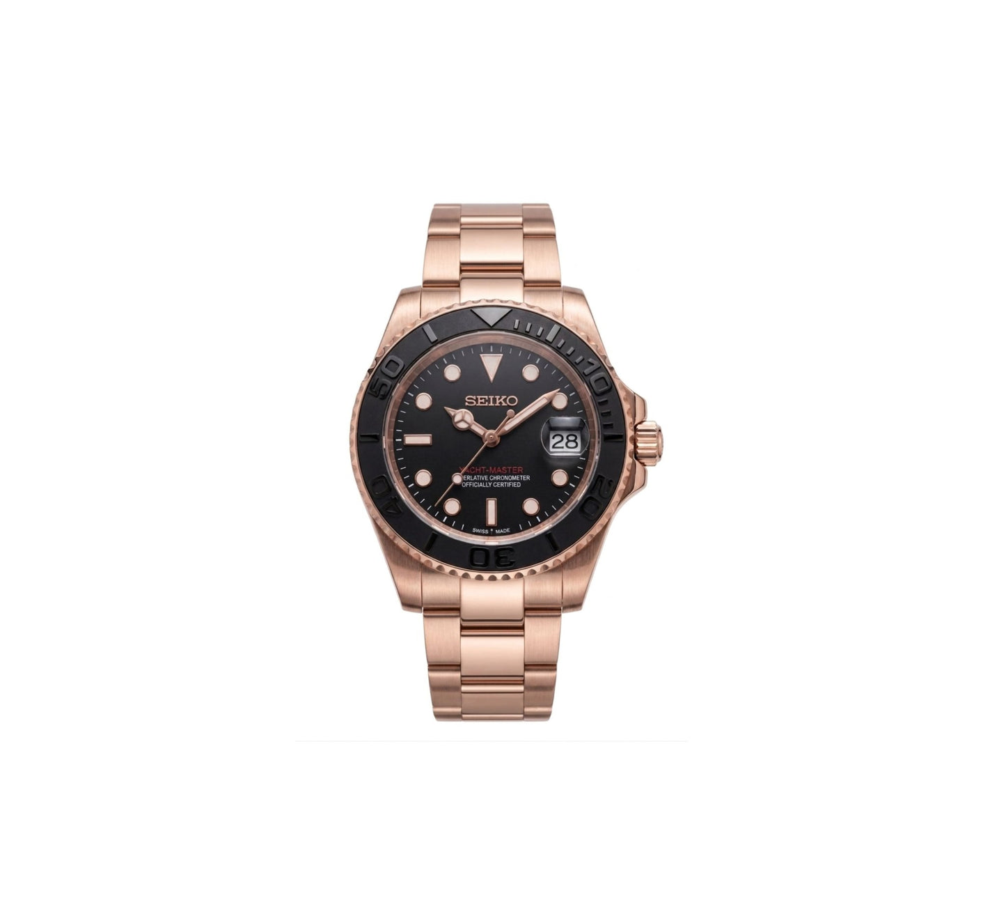     Elegante SeikoMod Yacht-Master in Roségold mit schwarzer Lünette und sportlichem Charakter. Ideal für stilbewusste Uhrenliebhaber.