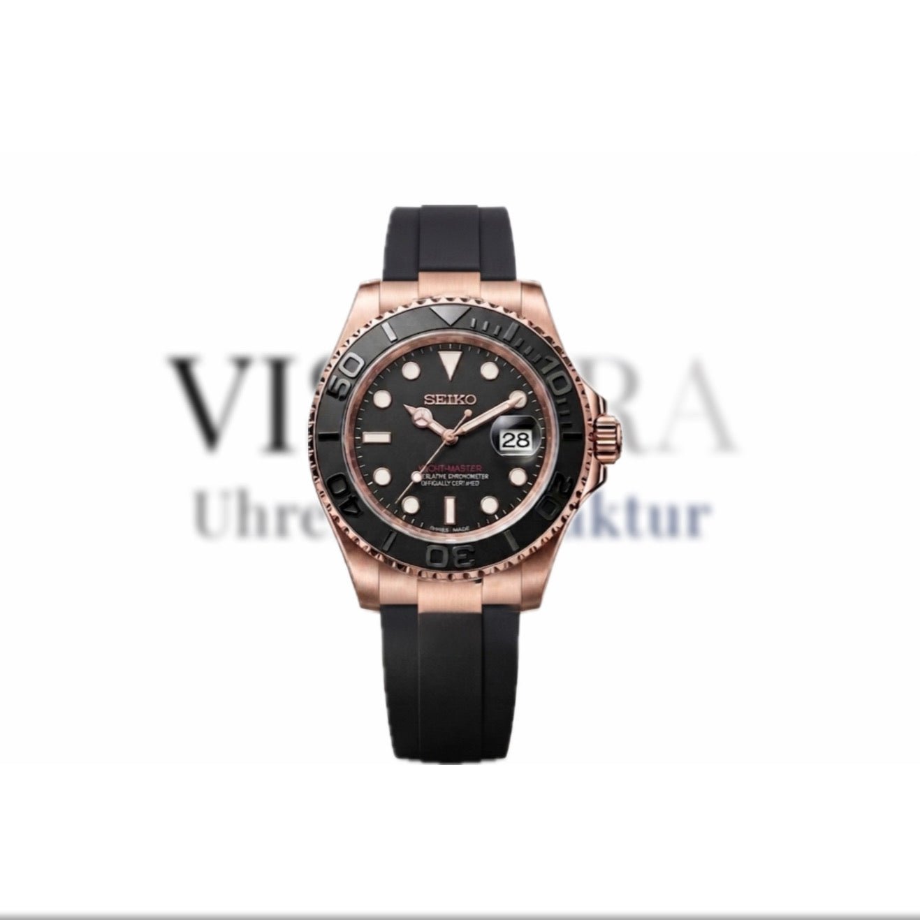 Frontansicht der SeikoMod Yacht-Master in Roségold mit schwarzem Zifferblatt, schwarzem Oysterflex-Armband, Saphirglas und Seiko NH35 Automatikwerk.