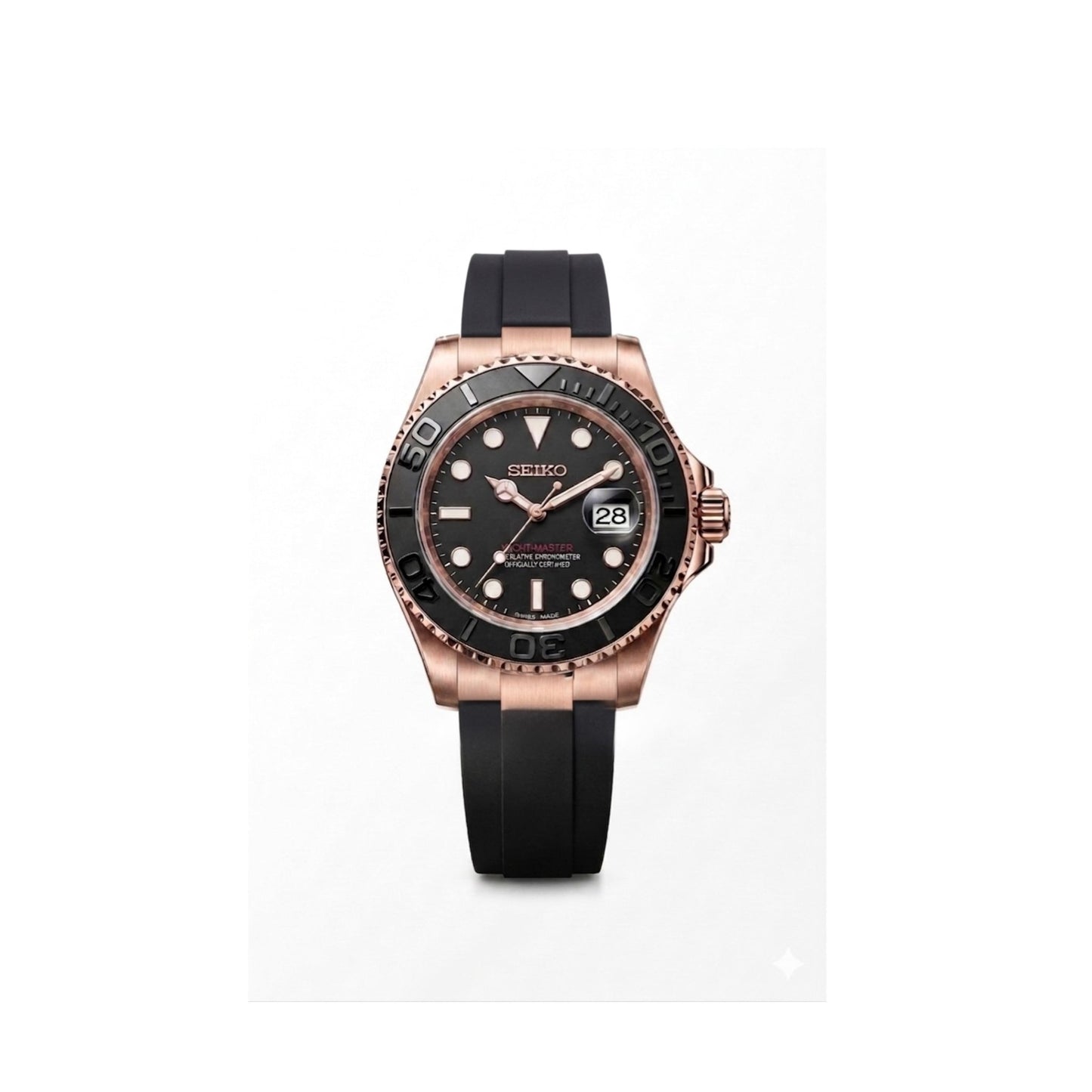     Hochwertige SeikoMod Yacht-Master in Roségold mit schwarzem Zifferblatt, Oysterflex-Armband, Saphirglas und präzisem Seiko NH35 Automatikwerk.