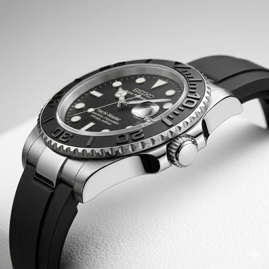 Perspektivische Nahaufnahme der Vistora SeikoMod Yacht-Master mit schwarzem Zifferblatt, gebürstetem Edelstahlgehäuse und sportlich-elegantem Oysterflex-Armband.