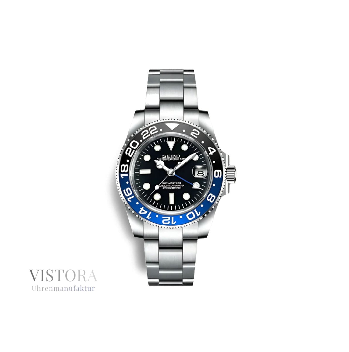 Frontansicht der Vistora SeikoMod GMT „Batman“ mit Oyster-Edelstahlarmband auf weißem Hintergrund
