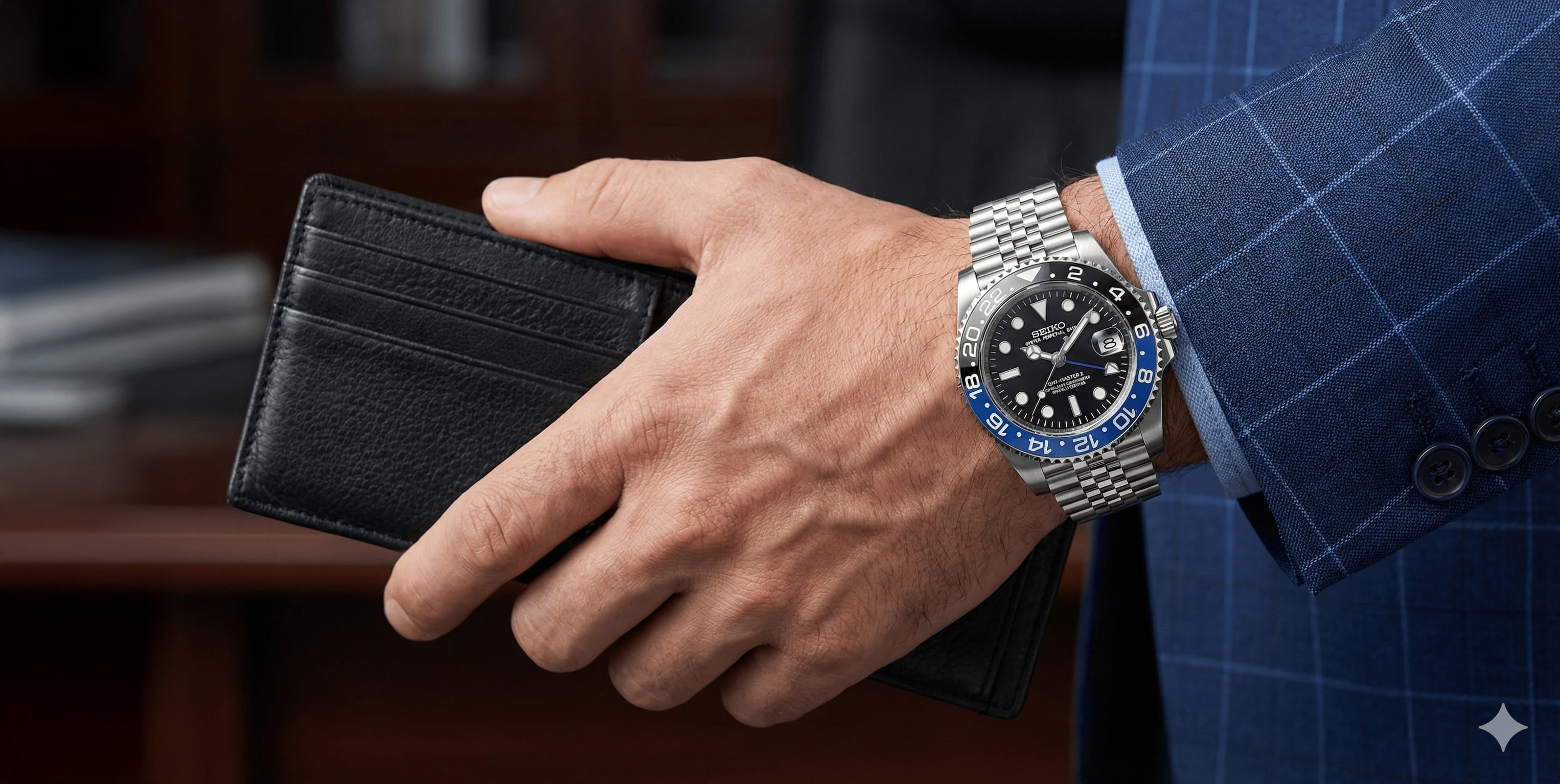 Nahaufnahme einer SeikoMod GMT „Batman“ von Vistora am Handgelenk eines Mannes im Business-Anzug, der eine schwarze Geldbörse hält
